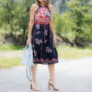 LOFT Black Dress with Red Paisley Print